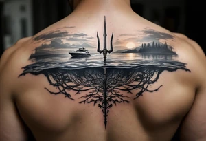 trident half way under calm water with skiboat and sunset tattoo idea