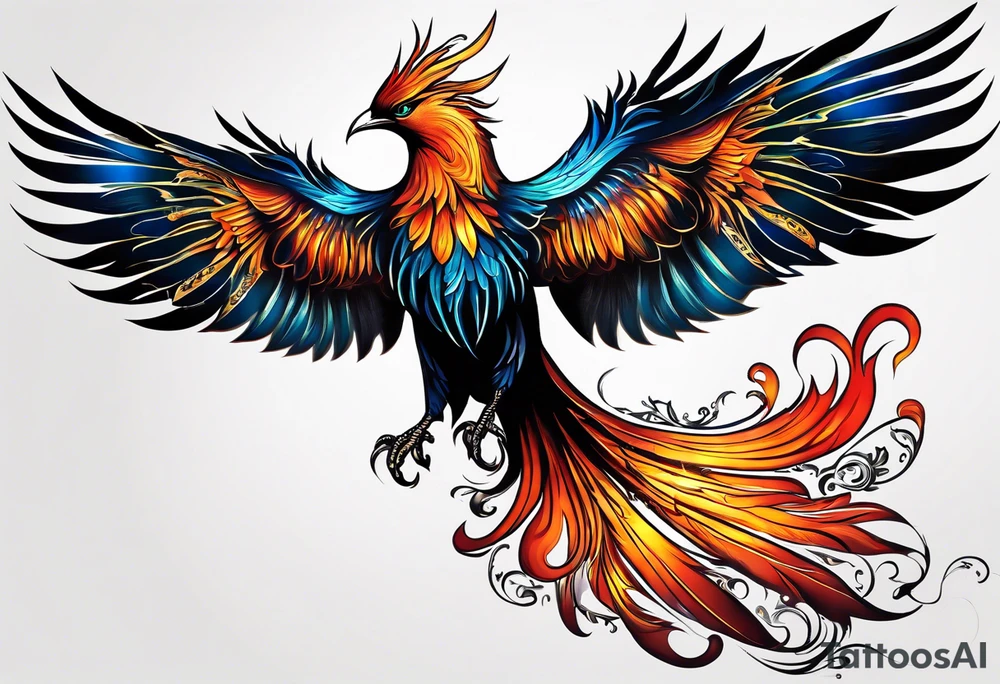 russian firebird phoenix in-flight with very long fancy tail "Isaiah 43: 18-19" tattoo idea