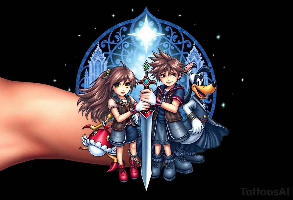 Exact Kingdom Hearts design featuring sora, kairi, riku, donald and goofy from the game, together in a dynamic, united pose. The centerpiece should include the soras Keyblade, with a beautiful and ethereal dark Kingdom Hearts-inspired background—think glowing stars, floating islands, and stained-glass elements in backroung. The design should capture themes of friendship, light vs. darkness, and adventure. Style should be detailed, fantasy-oriented, and suitable for a large piece tattoo idea