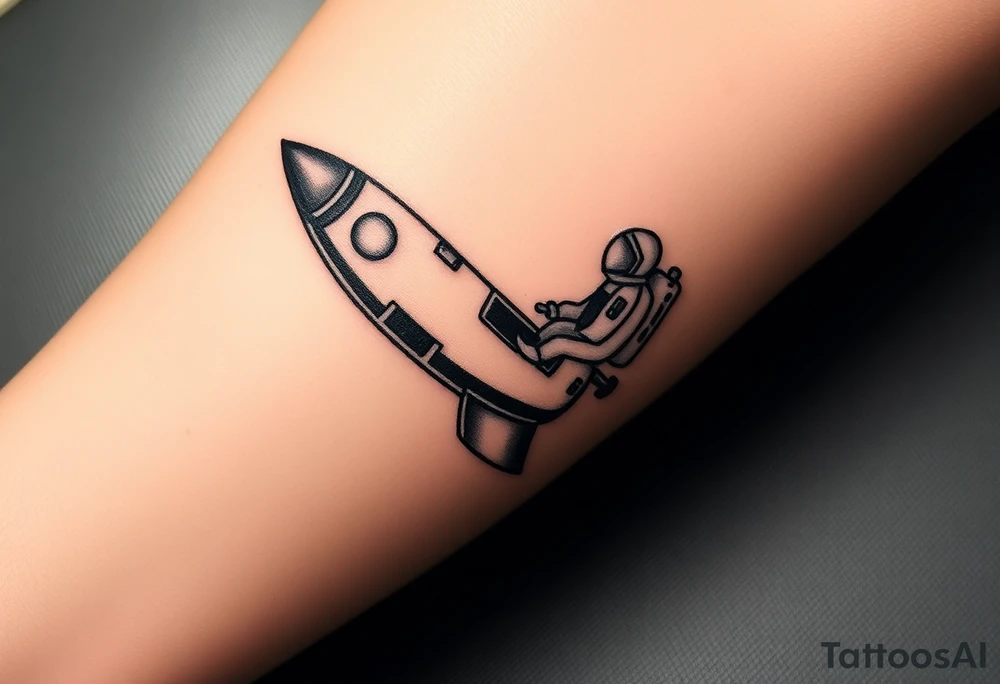 Busted Rocket ship with sparks coming out the back  with astronaut tattoo idea