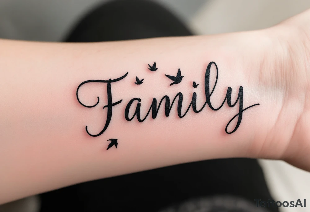 Bird Family Tattoo – "Family" written in a flourishing font, with small flying birds above or below in black or silhouette-style gray. tattoo idea