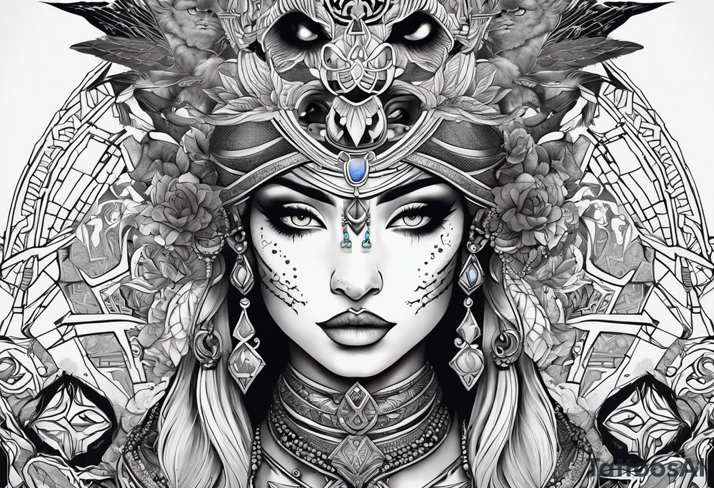 kali ma, alien goddess, valkrye, aries, pirate, divine feminine, zenza resonance, pachamama, lotus azul, blank panther, eagle, skull, 5D, nueva gaya, dna 12 tattoo idea