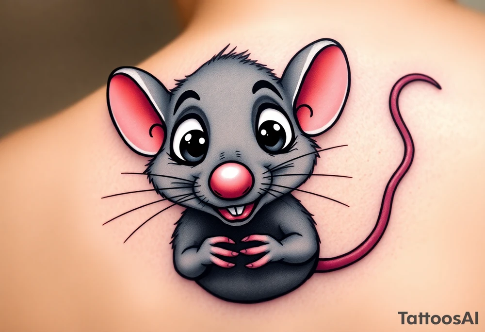 The image shows a cartoon rat with a long pointed nose, huge bulging eyes, and a cheeky, mischievous smile. The rat is grey with big pink ears and a thin pink tail visible on the right. Its little hands are held up close to its chest in a playful, sneaky pose. The expression makes the rat look funny, surprised, and a bit sly at the same time.

I want all his body..bigger nose, eyes poped out from the head tattoo idea