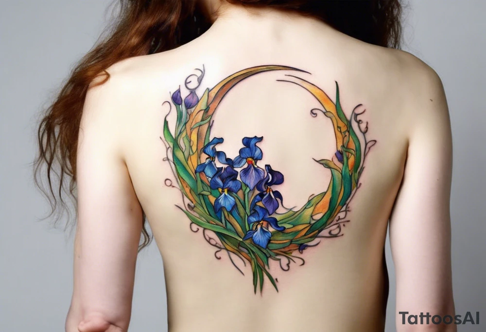 Create a small colorful Vincent van Gogh Irises tattoo in the form of a crescent, with vines gracefully intertwining at a central point in the middle of the wreath. The intended placement is on the upper chest. The overall design should be small in size while maintaining a delicate and artistic aesthetic. Pay attention to the graceful flow of the vines and the placement of the irises to achieve a refined and elegant look. tattoo idea