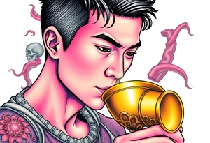 Handsome Asian young guy is drinking from medieval golden cup tattoo idea