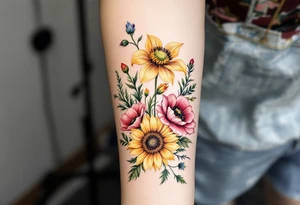 Small watercolour style bunch of wild flowers including lillium orientalis, sunflowers, poppies and peonies to be placed on forearm tattoo idea