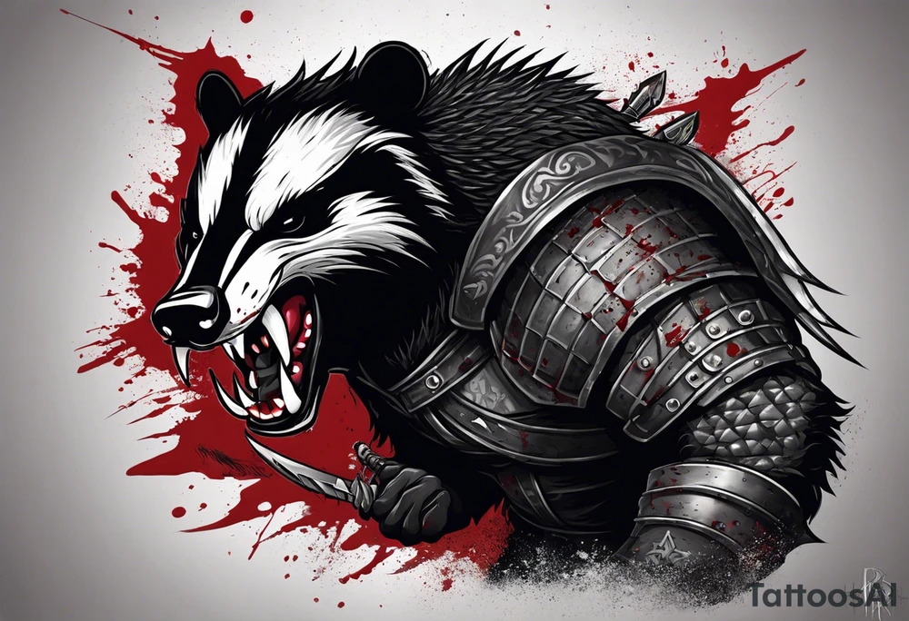Draw me psychopath Badger/Berserker with aggressive full body, killer face with a scary smile, very long nails and he attacks like a Bloody Assassin/Warrior/Gladiator to us and also, he has very deadly looking. He fights with his nails. Everybody scares after their first sight. Give me horror type Badger Tattoo. I want to see his Realistic full body. tattoo idea
