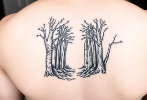 A forest with a doorway that is slightly ajar, leading to space tattoo idea