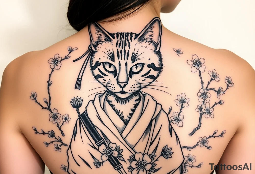 Bengal cat that’s missing one eye , dressed as a Japanese samurai warrior surrounded by cherry blossoms tattoo idea