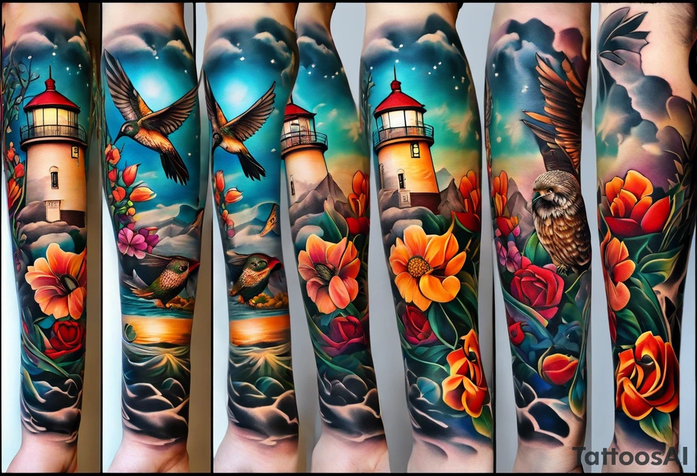 A lower forearm sleeve full colour coming down from a bicep with flowers joined with honeycombs, Mandela flowers, humming bird, and owl.  Lighthouse. tattoo idea