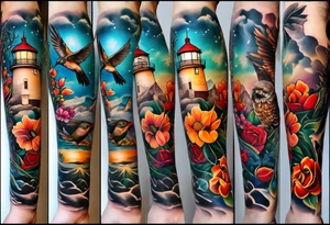 A lower forearm sleeve full colour coming down from a bicep with flowers joined with honeycombs, Mandela flowers, humming bird, and owl.  Lighthouse. tattoo idea