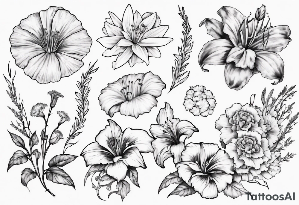 Bicep size tattoo including marigolds, lilies, morning glories, asters, violets, and carnations tattoo idea