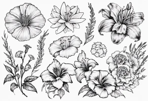 Bicep size tattoo including marigolds, lilies, morning glories, asters, violets, and carnations tattoo idea