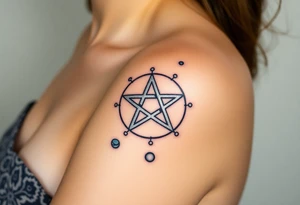 A silver pentagram surrounded by planetary orbits, each planet glowing in soft celestial hues. tattoo idea