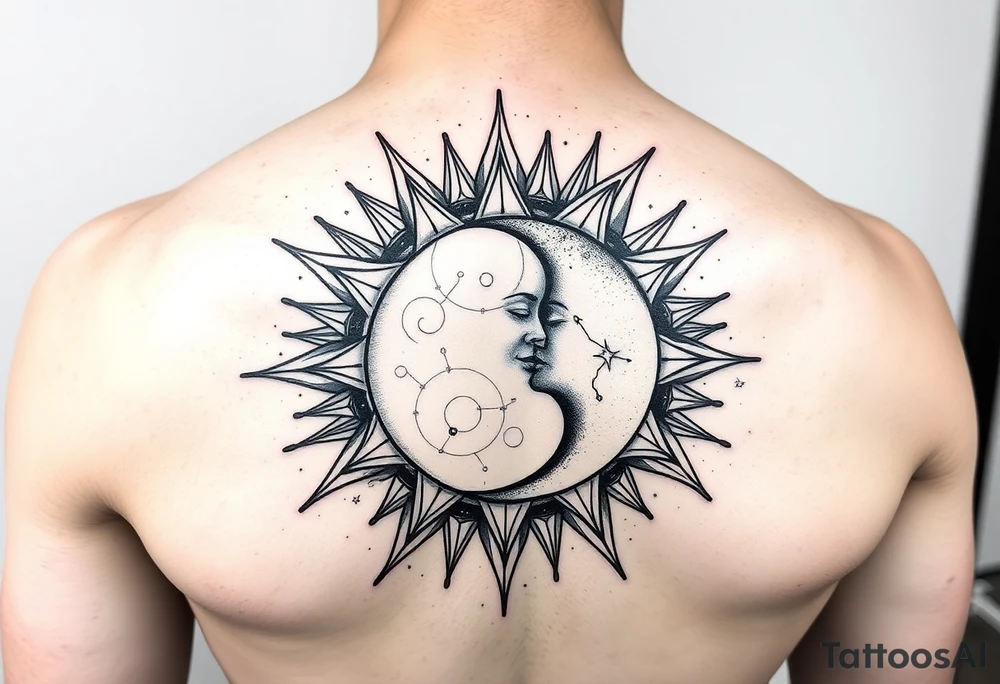 celestial sun and moon embrace with constellation patterns tattoo idea celestial sun and moon embrace with constellation patterns tattoo idea