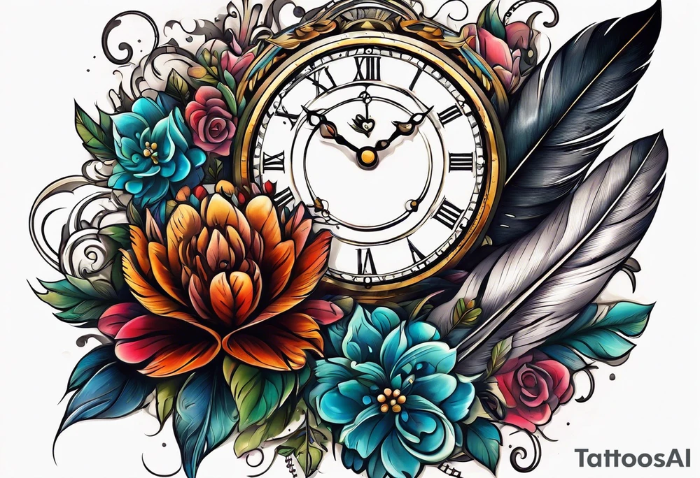 Shade feather clock flower heart tattoo idea