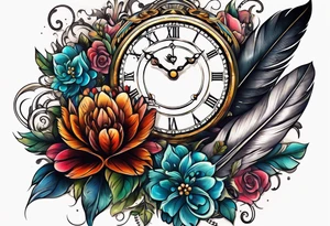 Shade feather clock flower heart tattoo idea