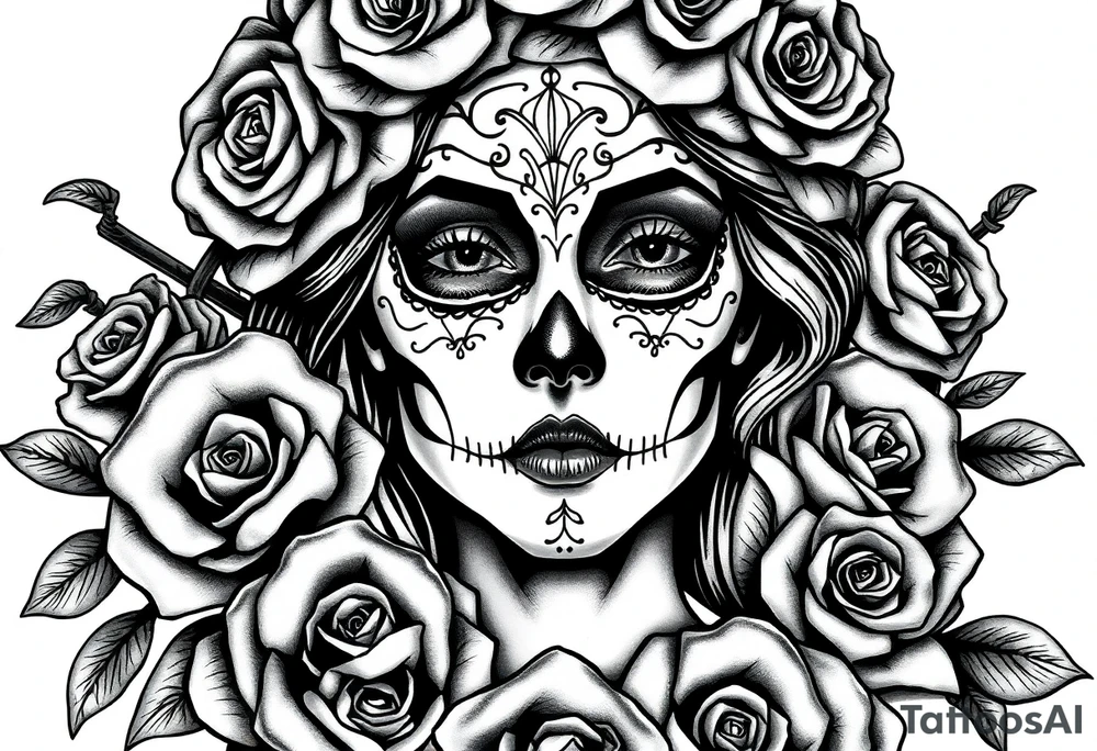 Powerful and beautiful day of the dead female,  surrounded by unclaimed souls and roses tattoo idea