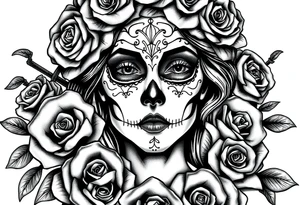 Powerful and beautiful day of the dead female,  surrounded by unclaimed souls and roses tattoo idea