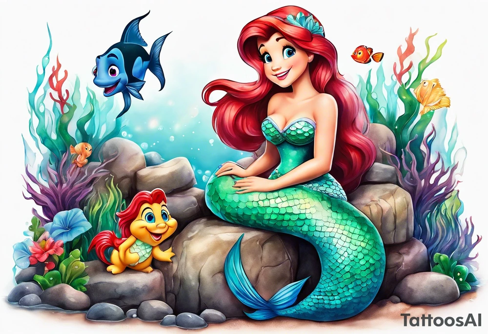 The little mermaid sitting in her grotto playing with Mike and Sulley Stuffed animals tattoo idea