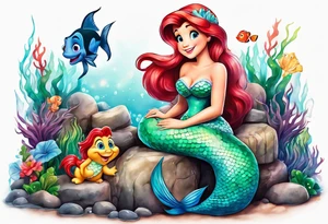 The little mermaid sitting in her grotto playing with Mike and Sulley Stuffed animals tattoo idea