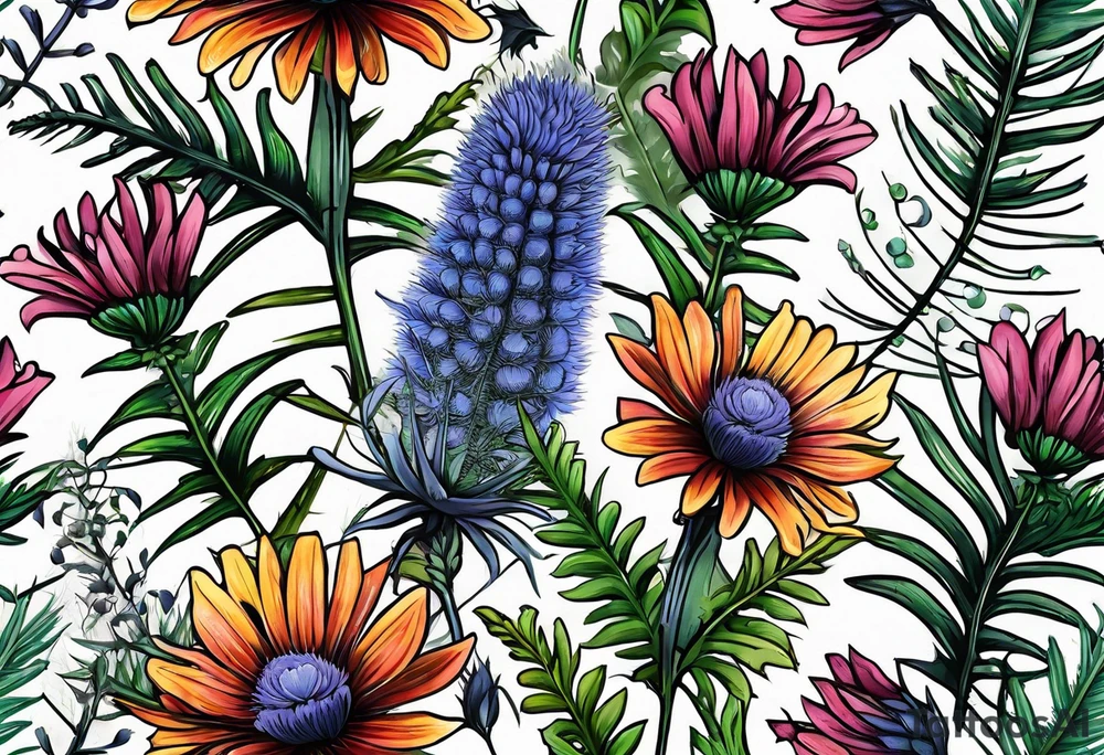 spread out mixed wildflower bouquet with ferns, thistle and with some color and show the design on a leg tattoo idea