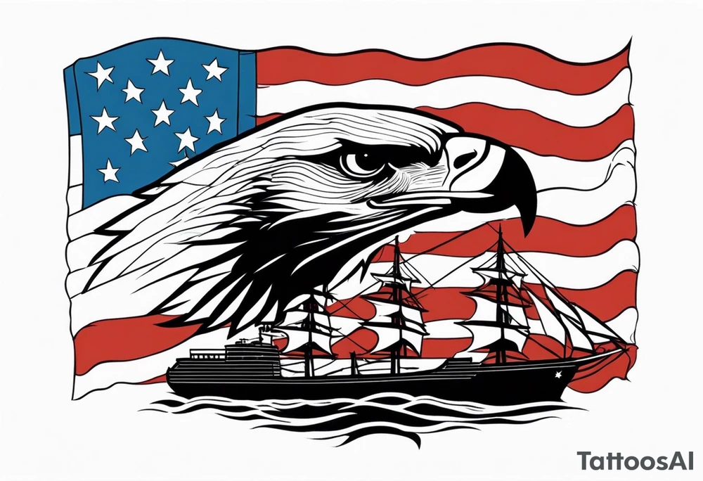 eagle flying in front of ship holding American flag in beak tattoo idea