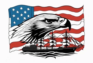 eagle flying in front of ship holding American flag in beak tattoo idea