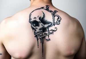 Graffiti type skull with markers dripping ink writing a tag that says on tick behind the skull with smoke that says fuck the buff tattoo idea