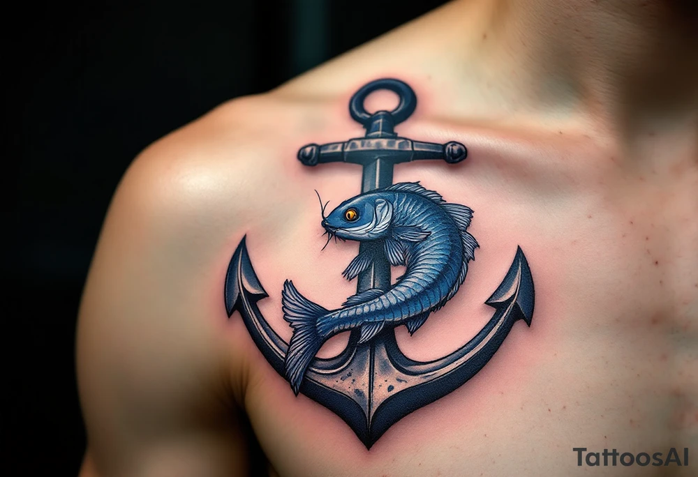 Catfish Wrapped Around Anchor – A dark blue-gray catfish coiled protectively around a weathered iron anchor, symbolizing strength, grounding, and loyalty. tattoo idea