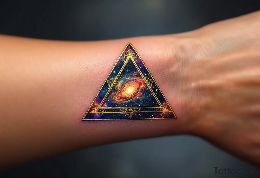 A gold-outlined triangle with a galaxy background, capturing the mystery of the universe. tattoo idea