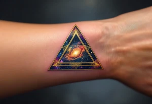 A gold-outlined triangle with a galaxy background, capturing the mystery of the universe. tattoo idea