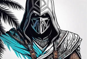 assassins creed character that is in the style of tron with palm trees tattoo idea