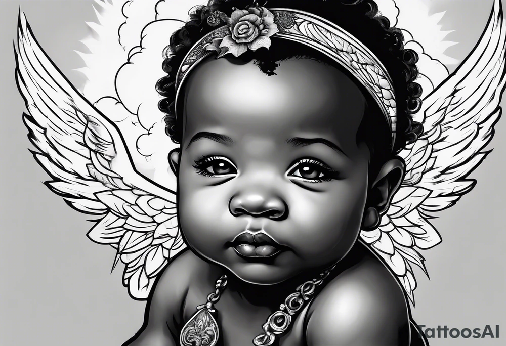 african american baby angel with clouds in the background tattoo idea