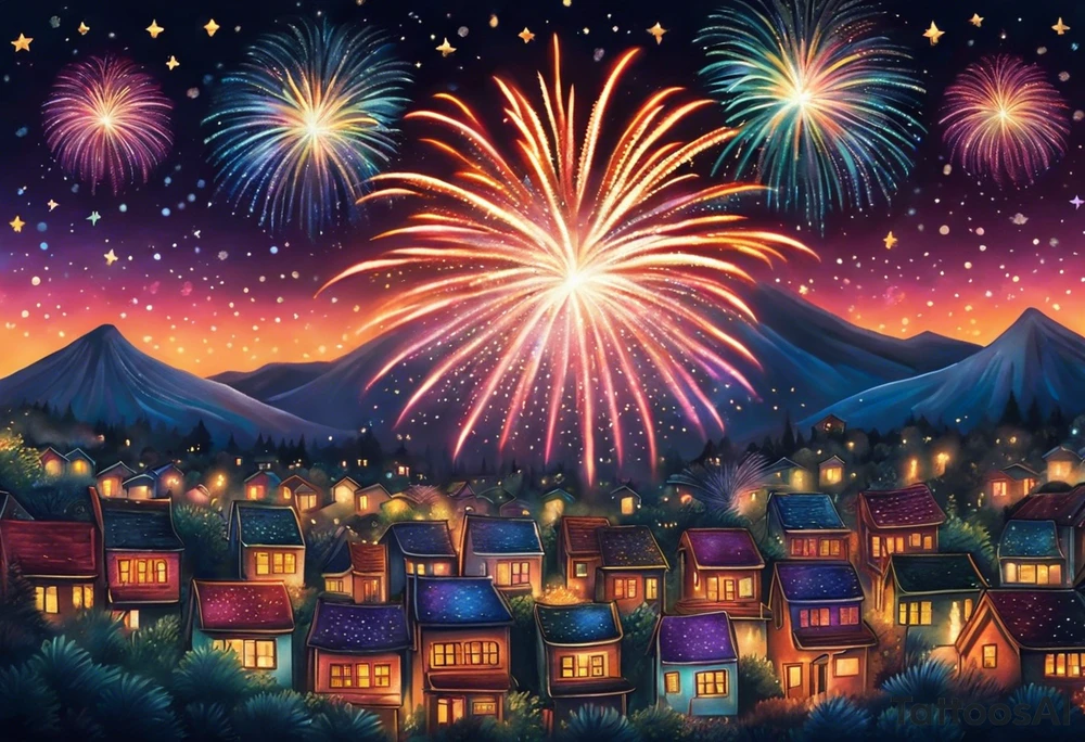 Fireworks burst across the night sky, surrounded by glowing candles and stars, capturing the magic and nostalgia of Colombian December nights. The scene is vibrant with multi-colored lights and an air of celebration. Soft linework mist or halos around the fireworks adds a magical, dreamy quality to the scene. The tattoo reflects joy and tradition, with an emphasis on warmth and festivity. tattoo idea