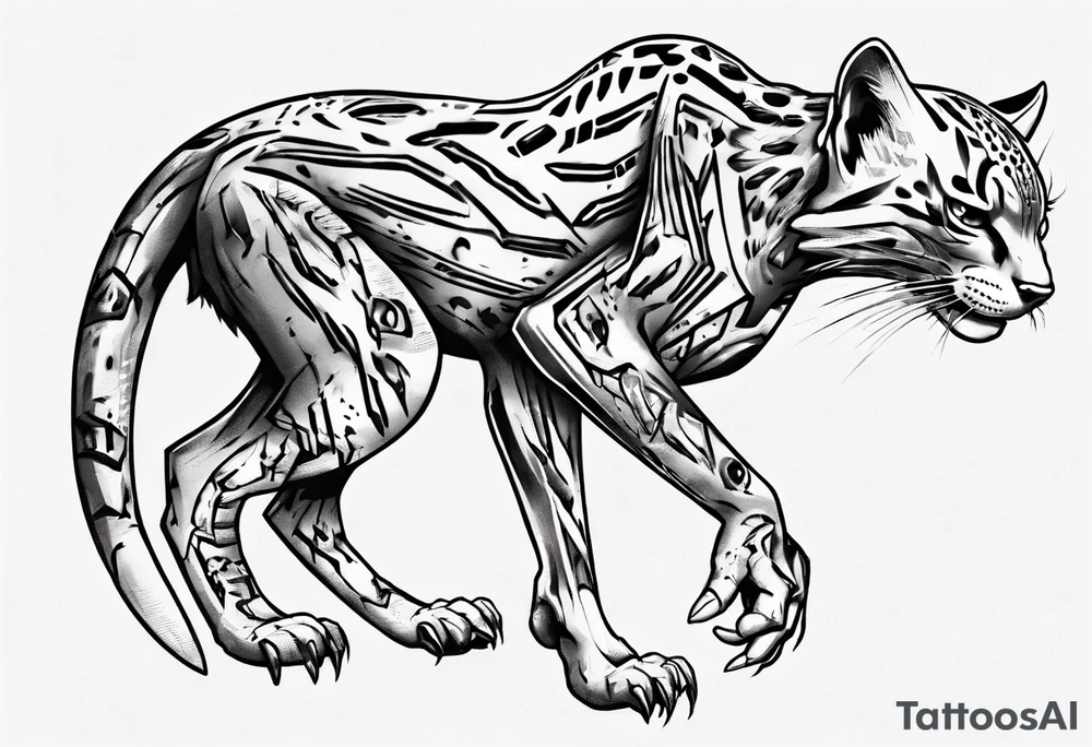 cybernetic ocelot full body teeth showing tattoo idea