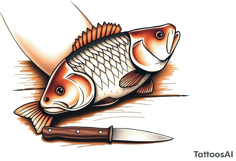 A carp resting on a wooden table with a sharp knife nearby, symbolizing the Czech Christmas tradition, in muted browns and soft golden tones. tattoo idea