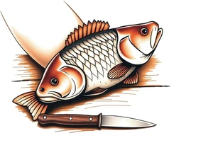 A carp resting on a wooden table with a sharp knife nearby, symbolizing the Czech Christmas tradition, in muted browns and soft golden tones. tattoo idea