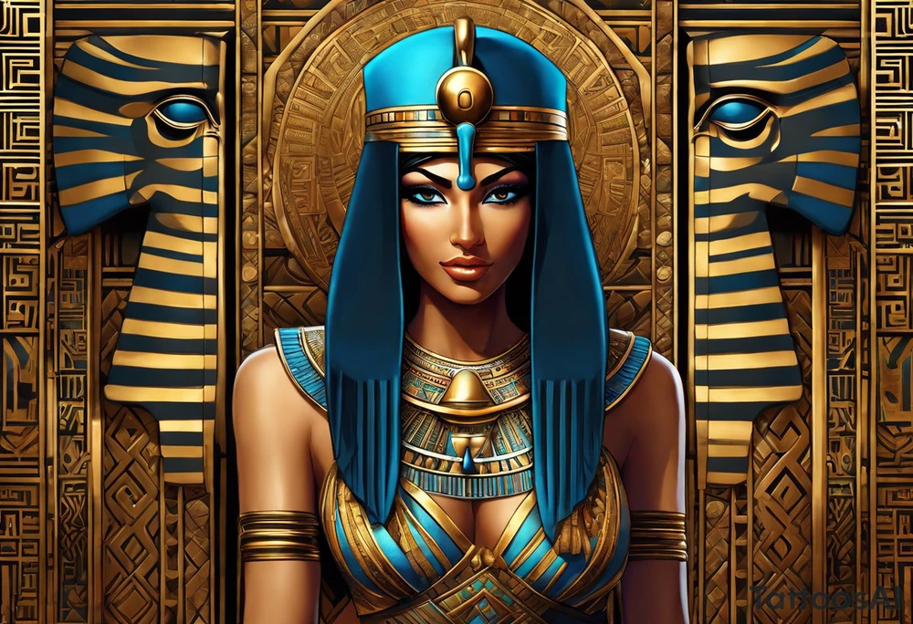 Egyptian figure girl. The figure should be full, include legs, featuring a regal headdress and detailed facial markings reminiscent of ancient Egyptian art. Include mystical and symbolic elements such as the Eye of Horus and ankh, blending subtly with geometric background patterns. 
Hyperrealism tattoo idea