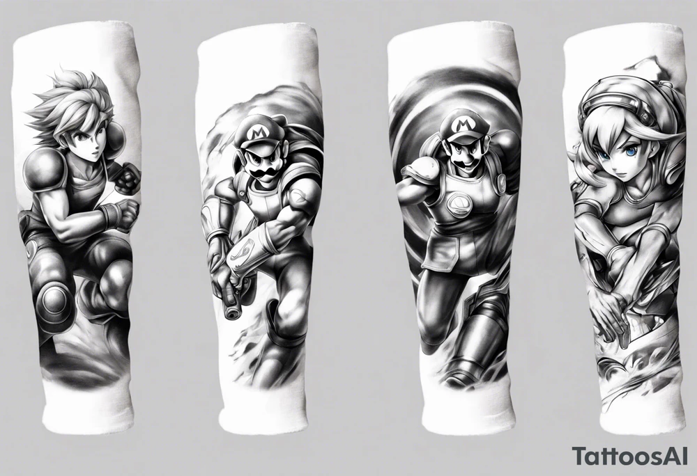 Arm sleeve with Mario, Samus Aran and Link in a realistic anime style tattoo idea