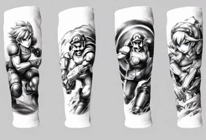 Arm sleeve with Mario, Samus Aran and Link in a realistic anime style tattoo idea