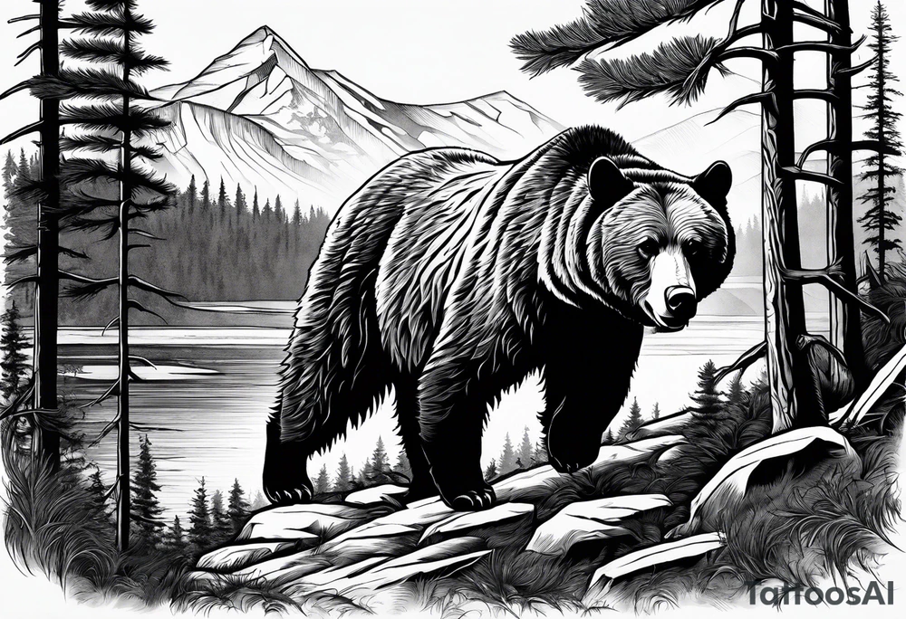 A grizzly bear scene hunting a wolf in the wild tattoo idea