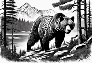 A grizzly bear scene hunting a wolf in the wild tattoo idea