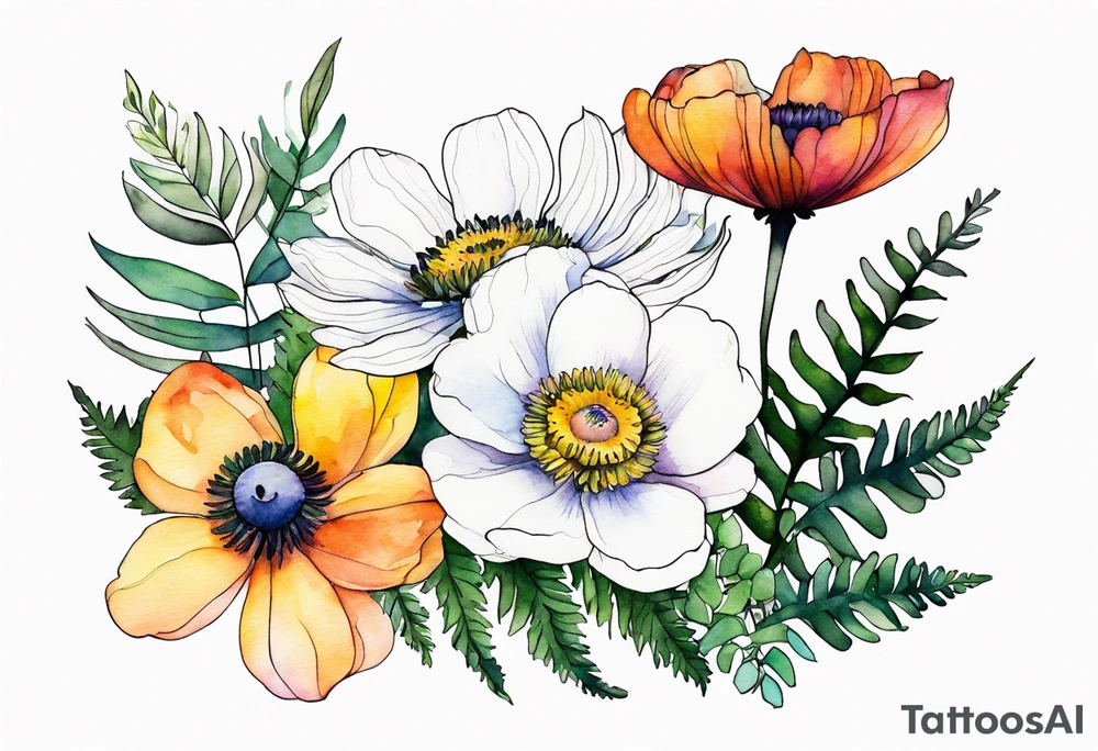 Minimalist Multicolored wild flowers with ferns and white anemone all watercolor tattoo idea