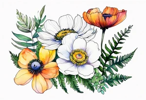 Minimalist Multicolored wild flowers with ferns and white anemone all watercolor tattoo idea