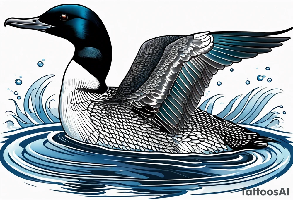 A North American common loon looking majestic as it spreads its wings in the water. On the mid-upper thigh. It should be a vertical tattoo and head on of the loon. tattoo idea