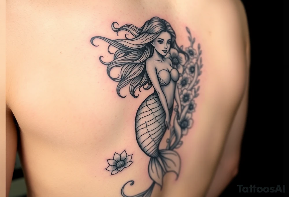 ethereal mermaid with flowing hair among coral and sea flowers tattoo idea