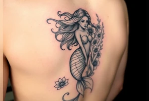 ethereal mermaid with flowing hair among coral and sea flowers tattoo idea