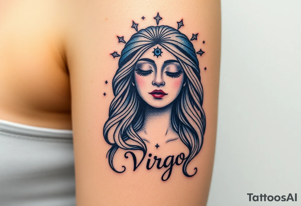 A serene goddess with closed eyes and a third eye glowing on her forehead, wrapped in a cosmic veil of navy blue and silver dust with the word virgo tattoo idea