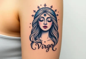 A serene goddess with closed eyes and a third eye glowing on her forehead, wrapped in a cosmic veil of navy blue and silver dust with the word virgo tattoo idea